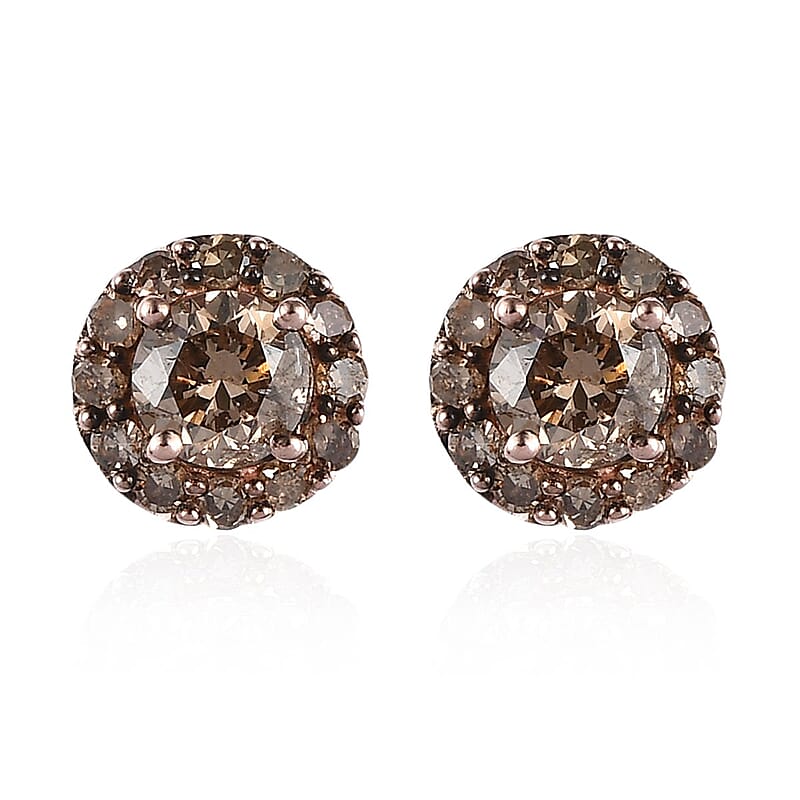 Natural Champagne Diamond Halo Stud Earrings in Vermeil RG Over Sterling Silver 1.00 ctw