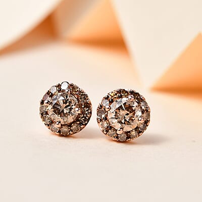 Natural Champagne Diamond Halo Stud Earrings in Vermeil RG Over Sterling Silver 1.00 ctw