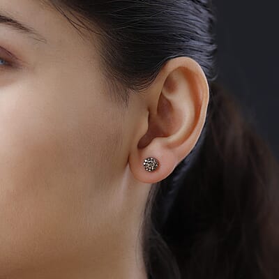 Natural Champagne Diamond Halo Stud Earrings in Vermeil RG Over Sterling Silver 1.00 ctw