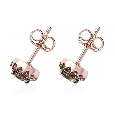 Natural Champagne Diamond Halo Stud Earrings in Vermeil RG Over Sterling Silver 1.00 ctw