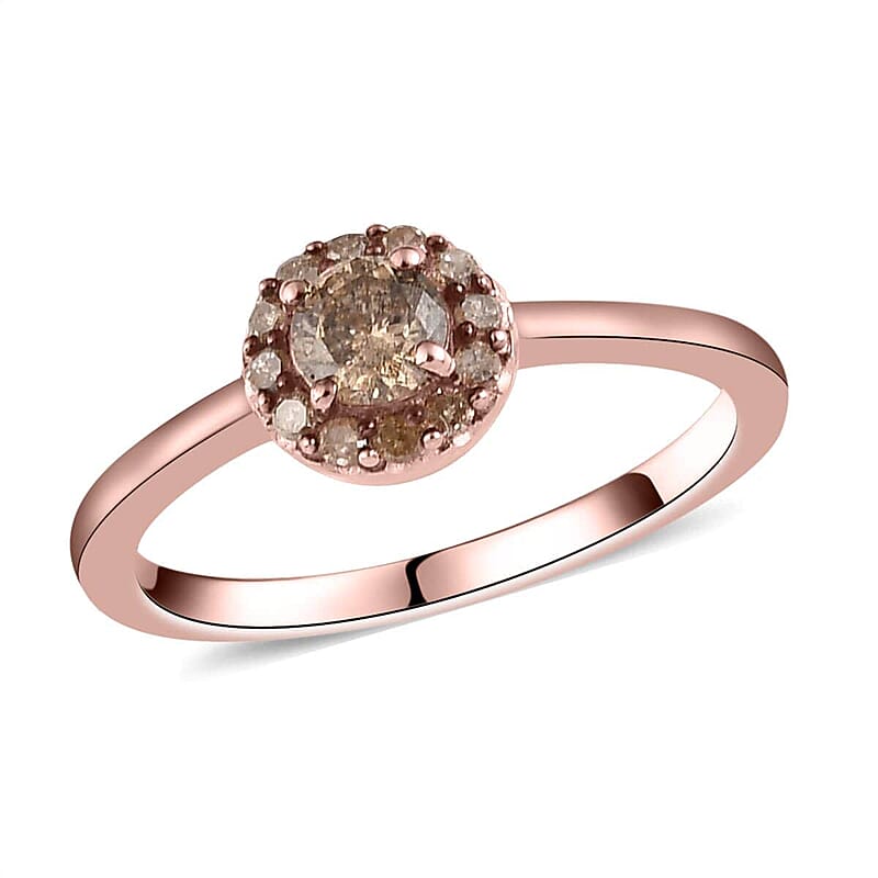 Natural Champagne Diamond Halo Ring in Vermeil Rose Gold Over Sterling Silver (Size 10.0) 0.50 ctw