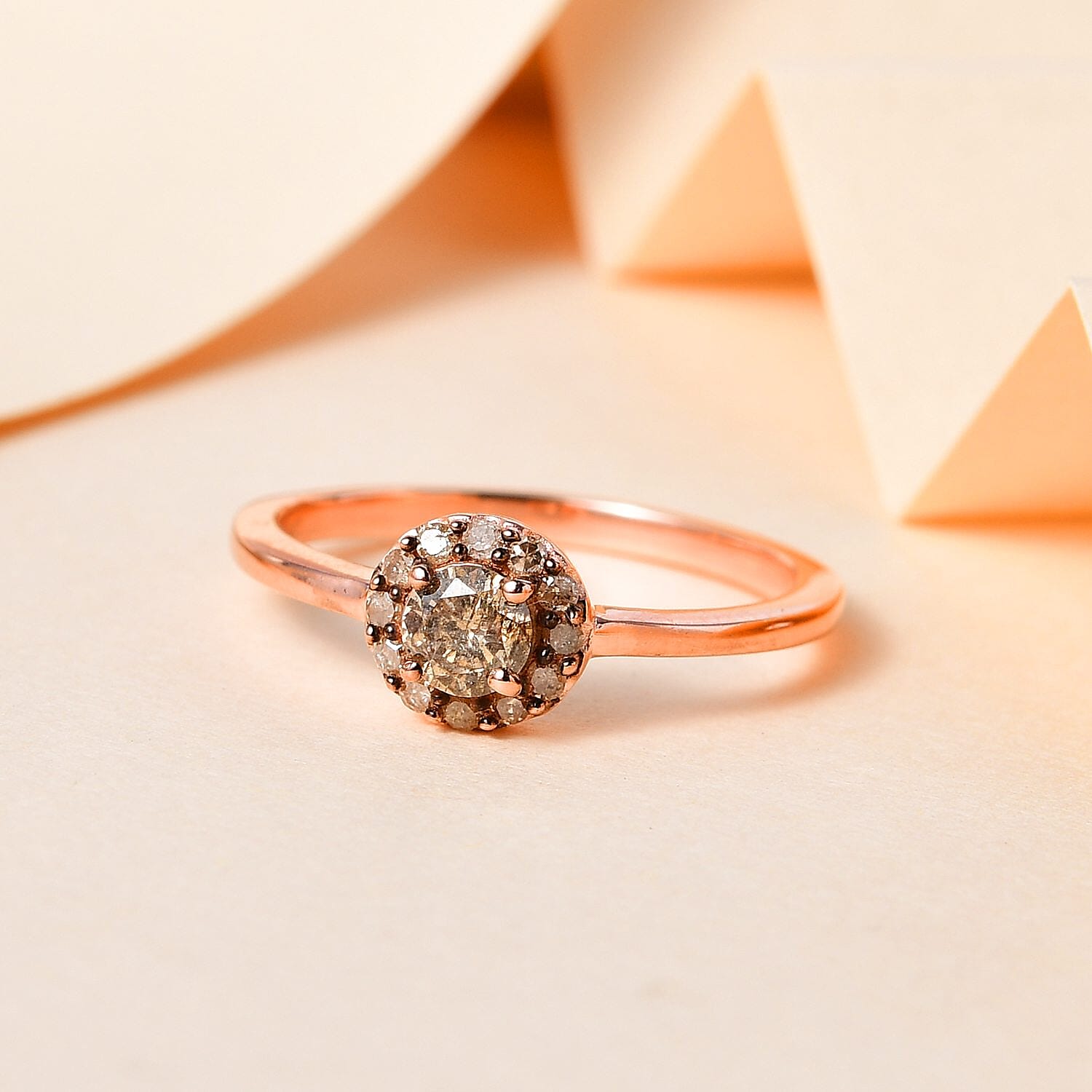 Natural Champagne Diamond Halo Ring in Vermeil Rose Gold Over Sterling Silver (Size 6.0) 0.50 ctw