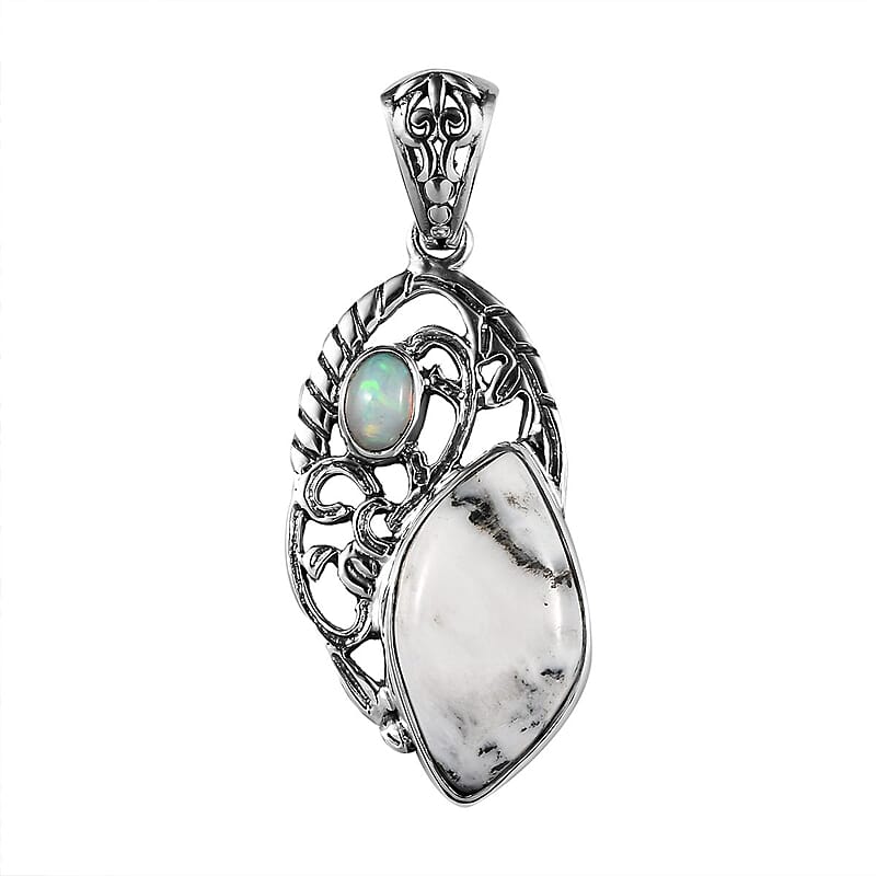 White Buffalo and Ethiopian Welo Opal Fancy Pendant in Sterling Silver 9.40 ctw