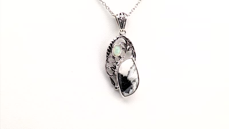 White Buffalo and Ethiopian Welo Opal Fancy Pendant in Sterling Silver 9.40 ctw