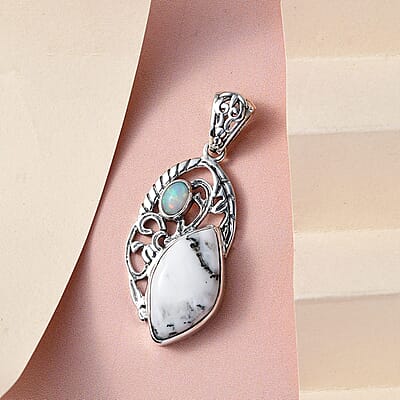White Buffalo and Ethiopian Welo Opal Fancy Pendant in Sterling Silver 9.40 ctw