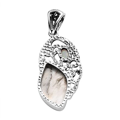 White Buffalo and Ethiopian Welo Opal Fancy Pendant in Sterling Silver 9.40 ctw