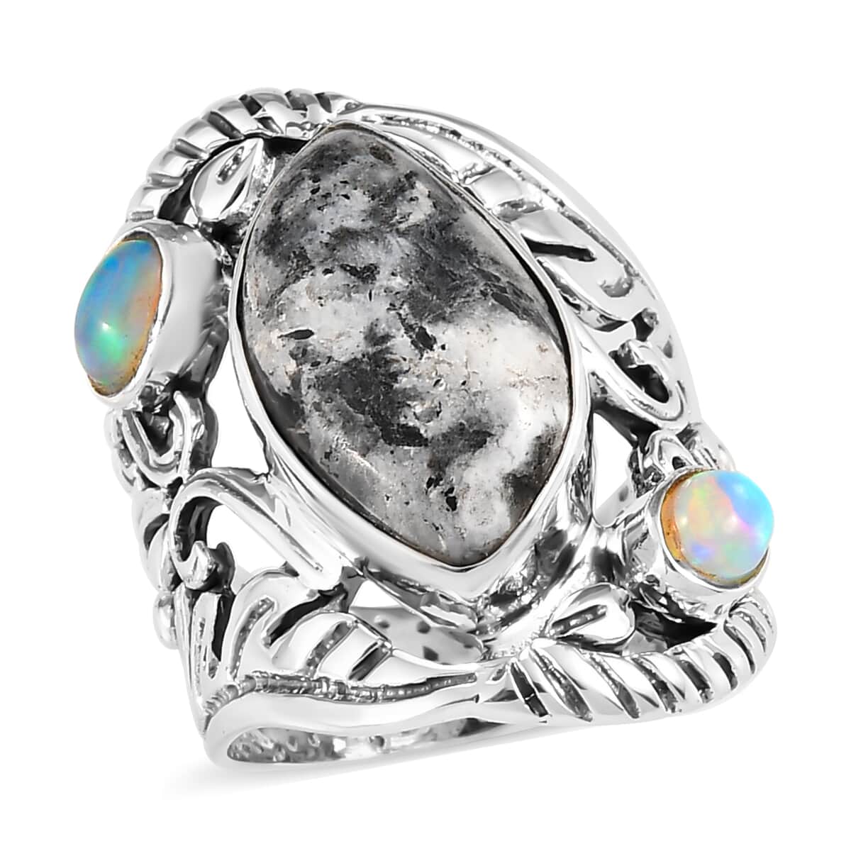 American Natural White Buffalo and Ethiopian Welo Opal Ring in Sterling Silver 10 Grams 9.50 ctw image number 0