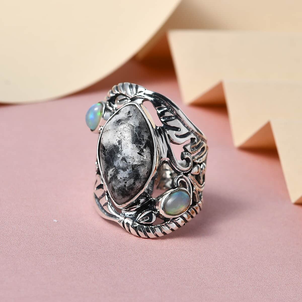 American Natural White Buffalo and Ethiopian Welo Opal Ring in Sterling Silver 10 Grams 9.50 ctw image number 1