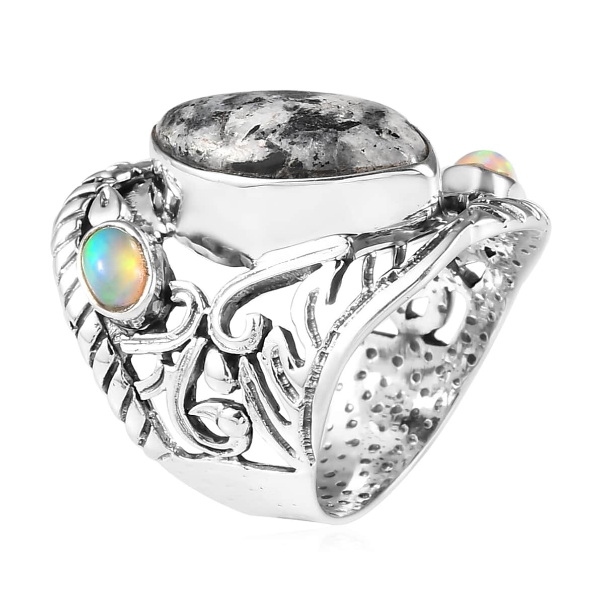 American Natural White Buffalo and Ethiopian Welo Opal Ring in Sterling Silver 10 Grams 9.50 ctw image number 3