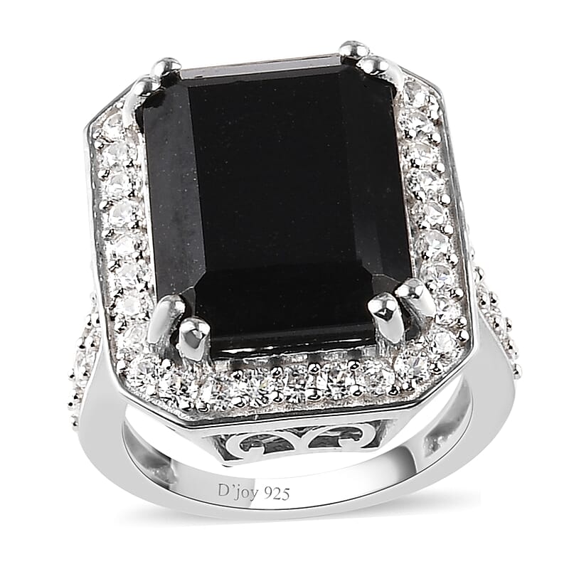 Australian Black Tourmaline and Natural White Zircon Ring in Platinum Over Sterling Silver (Size 10.0) 14.85 ctw