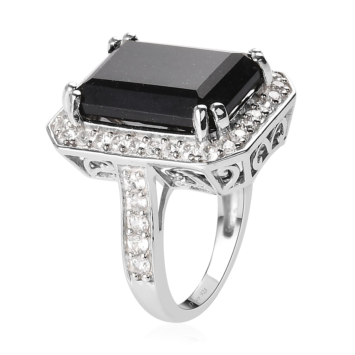 Australian Black Tourmaline and Natural White Zircon Ring in Platinum Over Sterling Silver (Size 10.0) 14.85 ctw