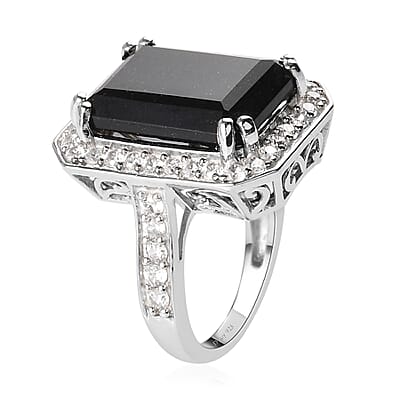 Australian Black Tourmaline and Natural White Zircon Ring in Platinum Over Sterling Silver (Size 10.0) 14.85 ctw