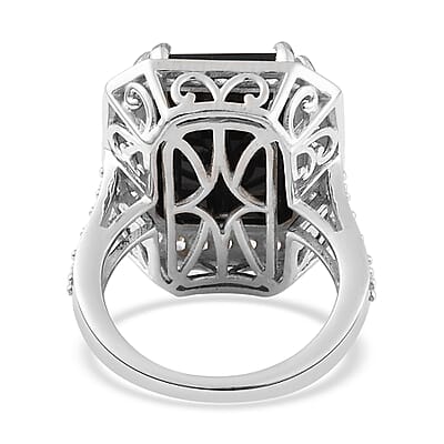 Australian Black Tourmaline and Natural White Zircon Ring in Platinum Over Sterling Silver (Size 10.0) 14.85 ctw
