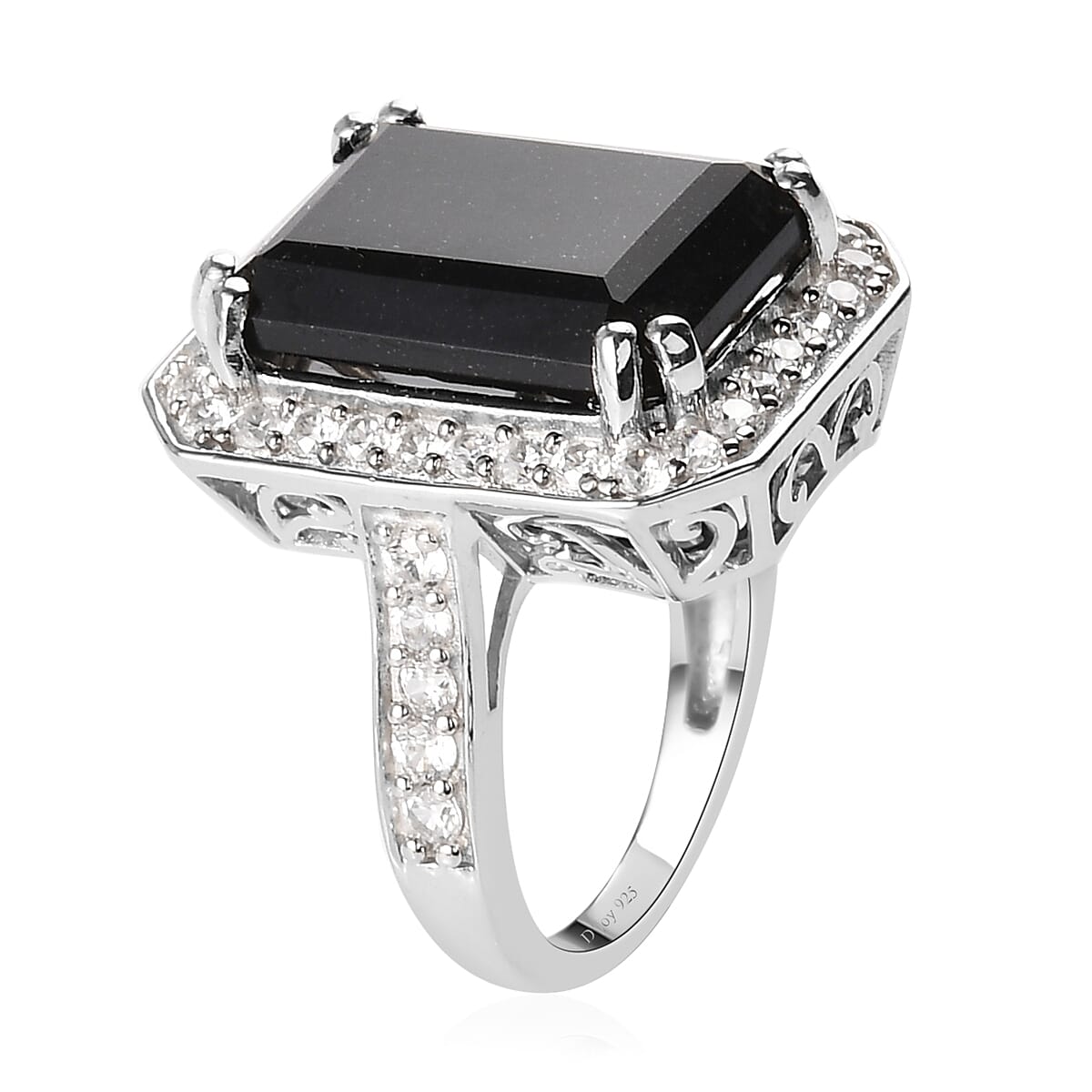 Australian Black Tourmaline and Natural White Zircon Ring in Platinum Over Sterling Silver (Size 6.0) 14.85 ctw