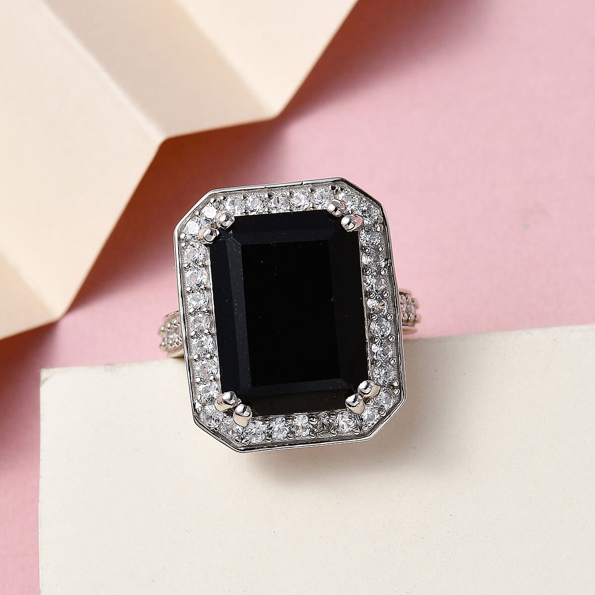 Australian Black Tourmaline and White Zircon Ring in Platinum Over Sterling Silver (Size 7.0) 14.85 ctw image number 1