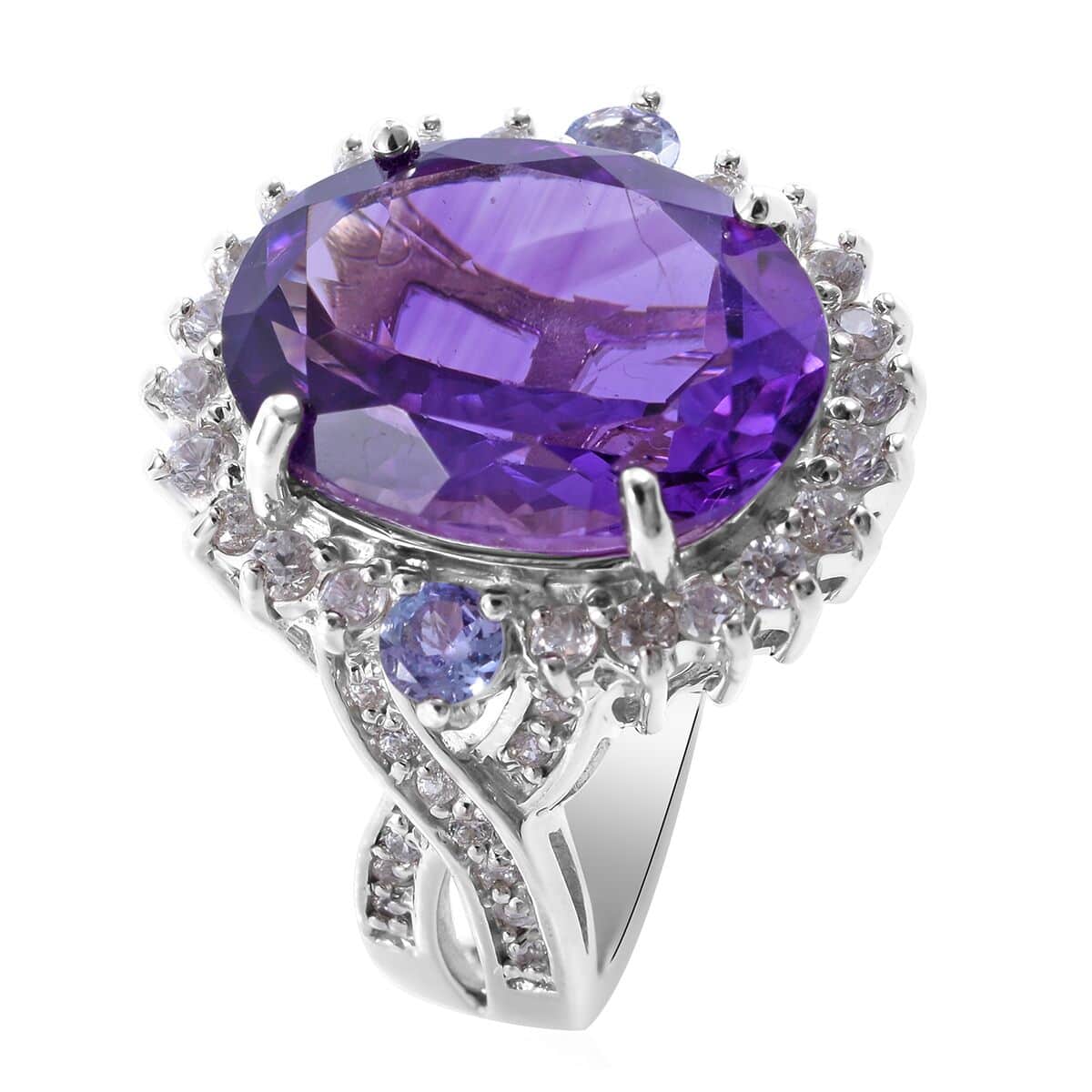 Lusaka Amethyst and Multi Gemstone Halo Ring in Platinum Over Sterling Silver (Size 10.0) 9.80 ctw image number 2