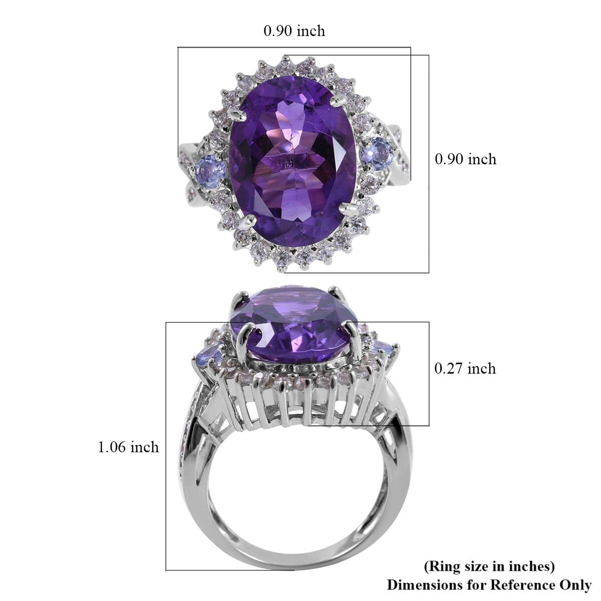 Lusaka Amethyst and Multi Gemstone Halo Ring in Platinum Over Sterling Silver (Size 10.0) 9.80 ctw image number 4