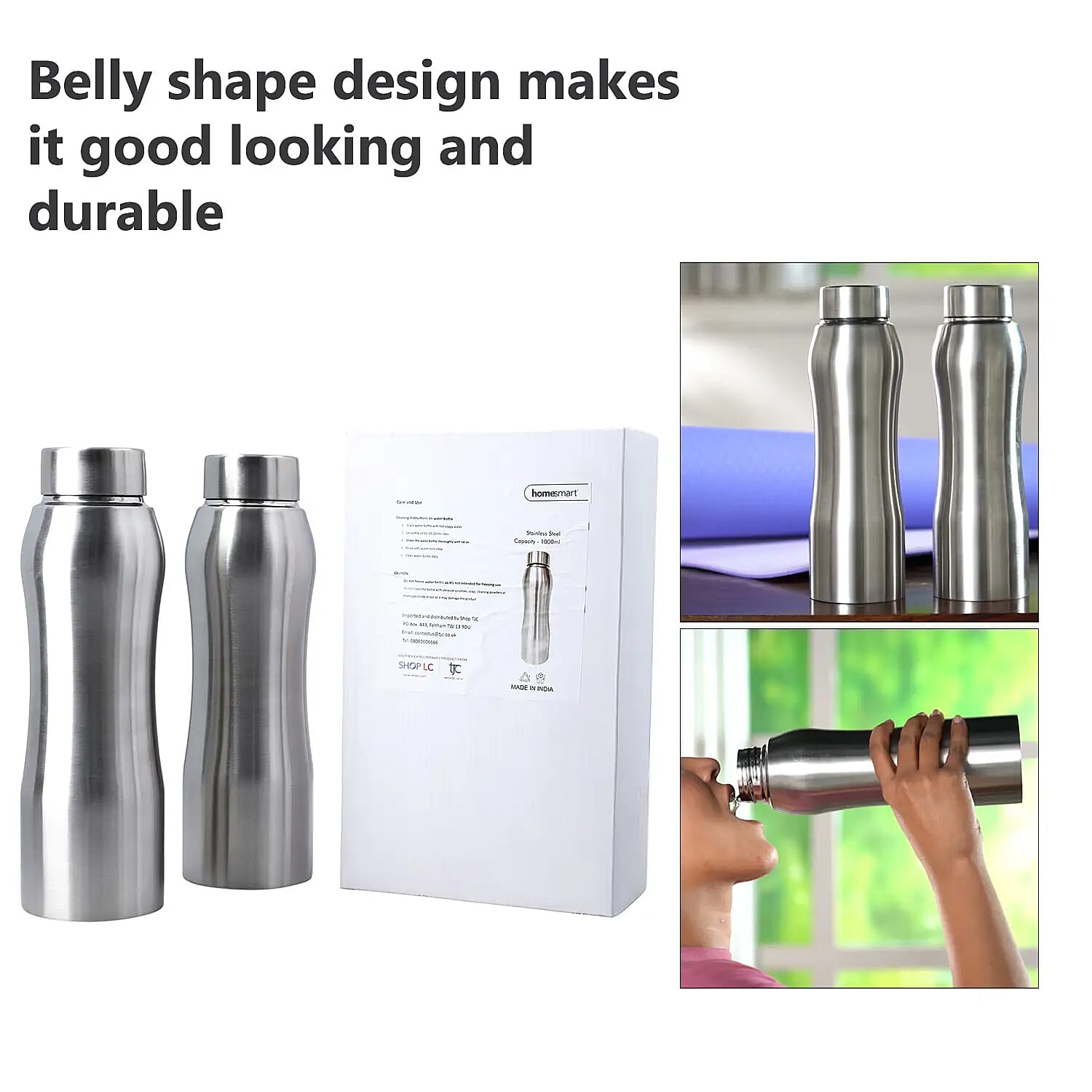Homesmart Set of 2 Stainless Steel Belly Bottle -Silver (33.8 oz)