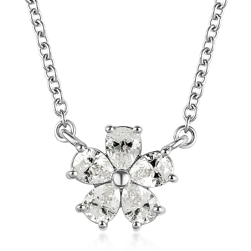 Made with Finest CZ Floral Necklace 20 Inches Platinum Over Sterling Silver and Stainless Steel 1.65 ctw