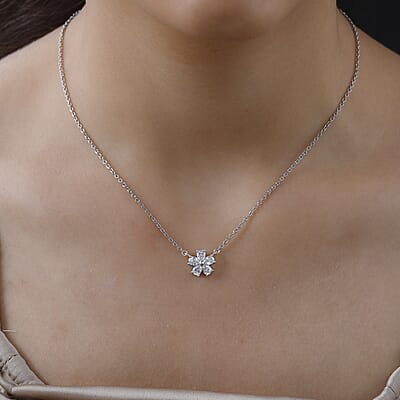 Made with Finest CZ Floral Necklace 20 Inches Platinum Over Sterling Silver and Stainless Steel 1.65 ctw