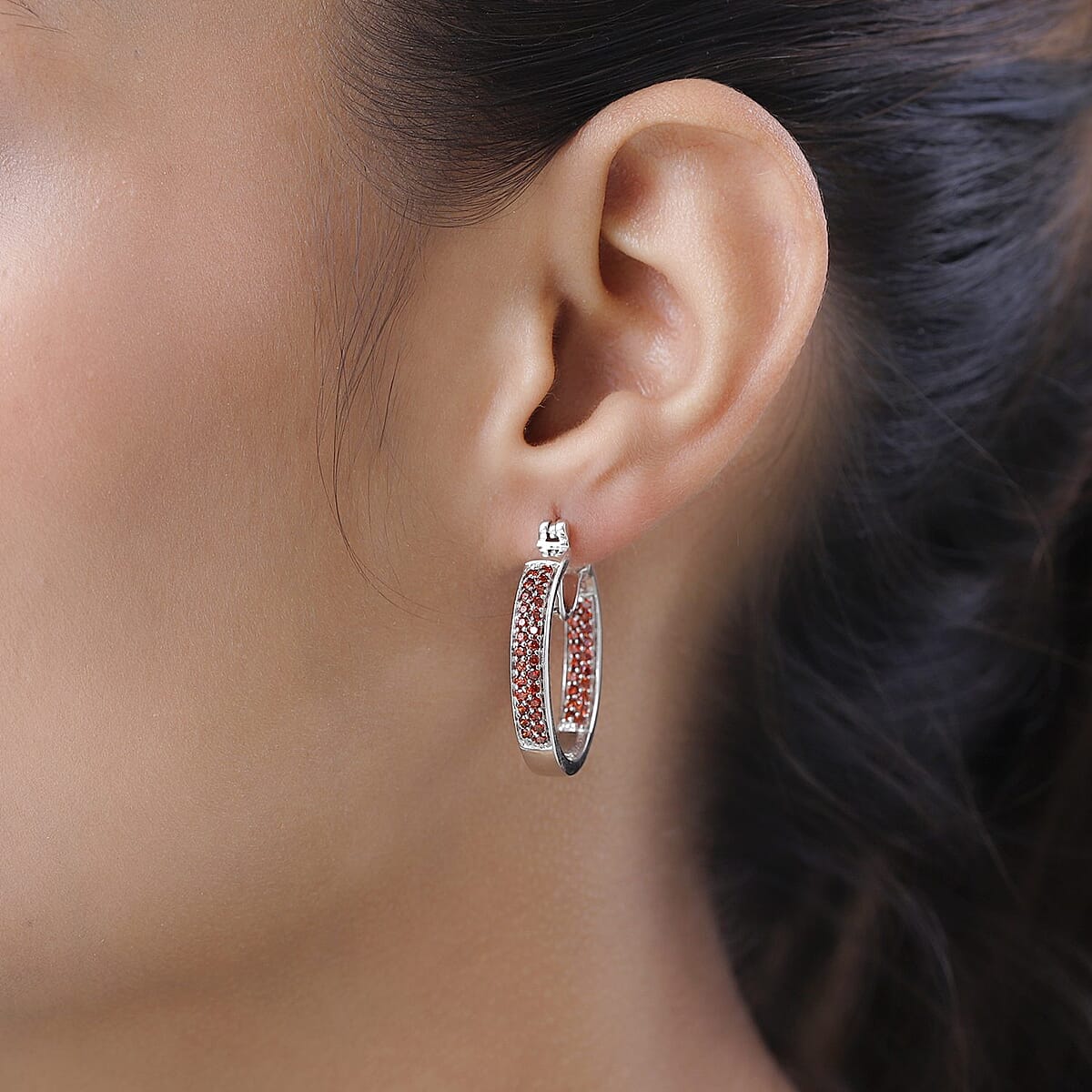 Karis Simulated Red Color Diamond Hoop Earrings in Platinum Bond 2.60 ctw image number 2