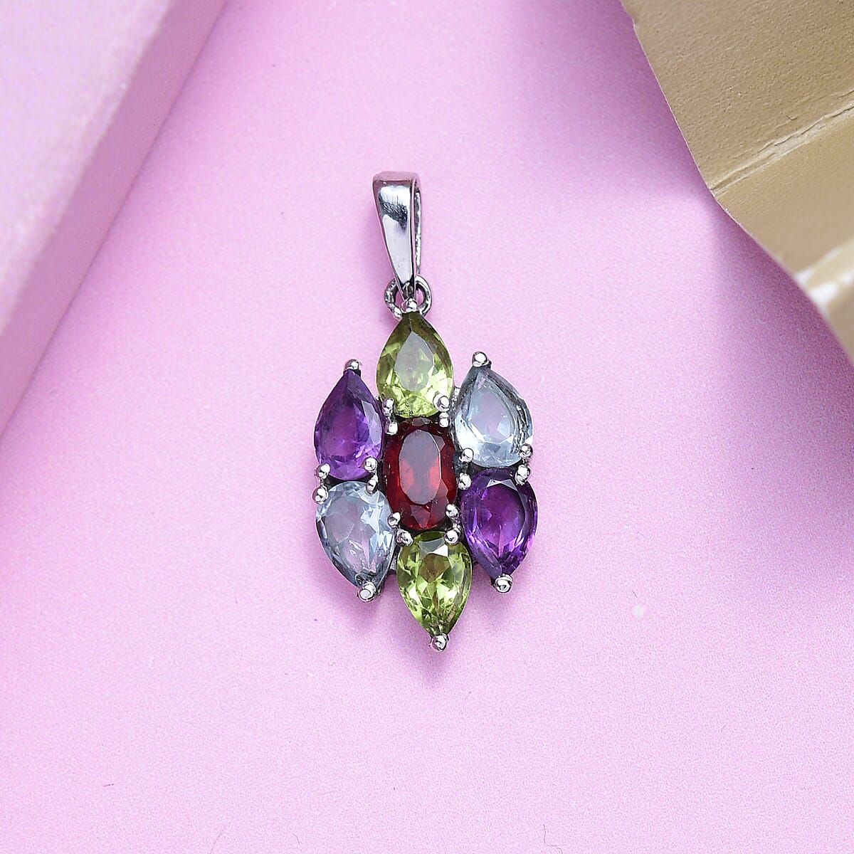 Multi Gemstone Pendant in Stainless Steel 3.40 ctw , Tarnish-Free, Waterproof, Sweat Proof Jewelry image number 2