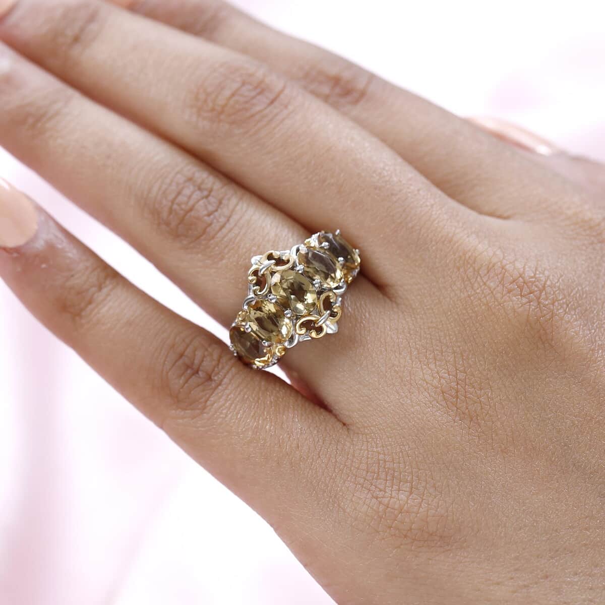 Golden Scapolite 5 Stone Ring in Vermeil Yellow Gold and Platinum Over Sterling Silver (Size 7.0) 3.35 ctw image number 2
