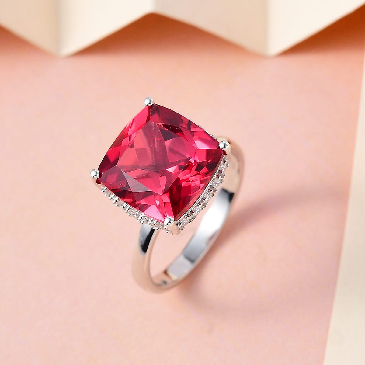 Lab Created Padparadscha Sapphire and Moissanite Ring in Platinum Over Sterling Silver 10.25 ctw image number 1