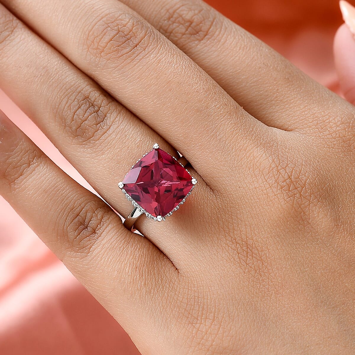 Lab Created Padparadscha Sapphire and Moissanite Ring in Platinum Over Sterling Silver (Size 7.0) 10.25 ctw image number 2