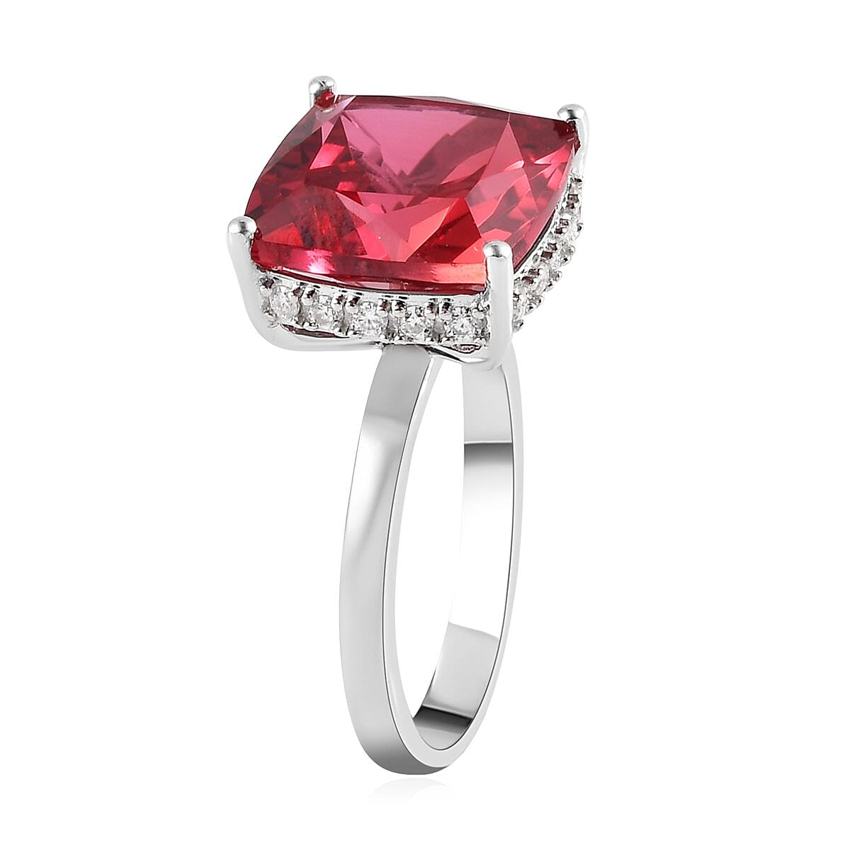 Lab Created Padparadscha Sapphire and Moissanite Ring in Platinum Over Sterling Silver (Size 7.0) 10.25 ctw image number 3