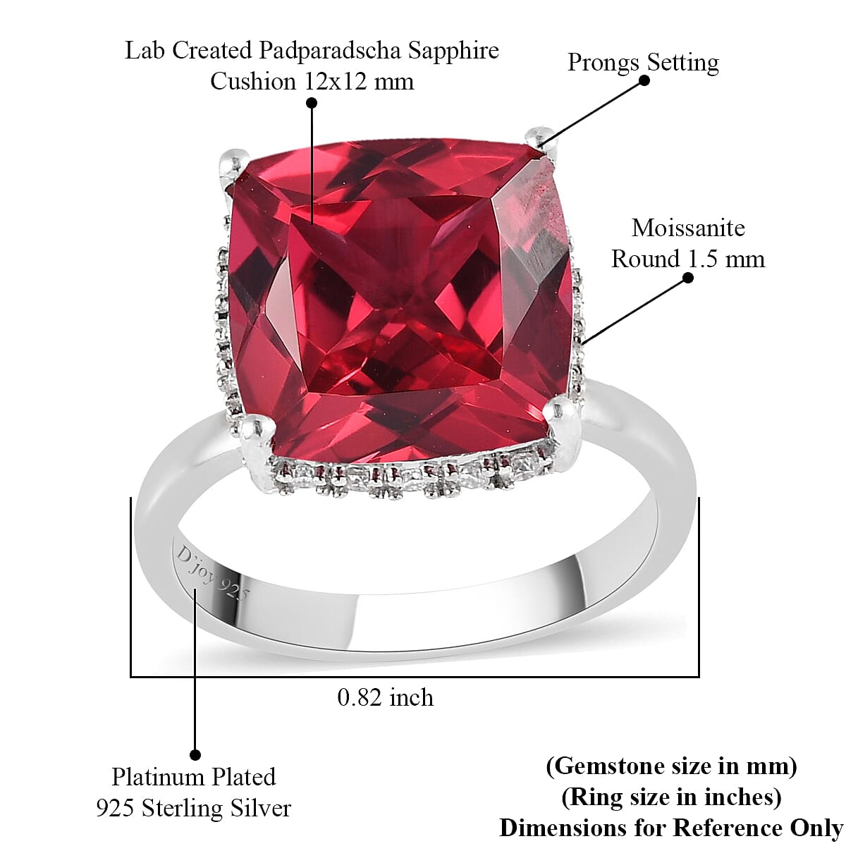 Lab Created Padparadscha Sapphire and Moissanite Ring in Platinum Over Sterling Silver (Size 7.0) 10.25 ctw image number 5