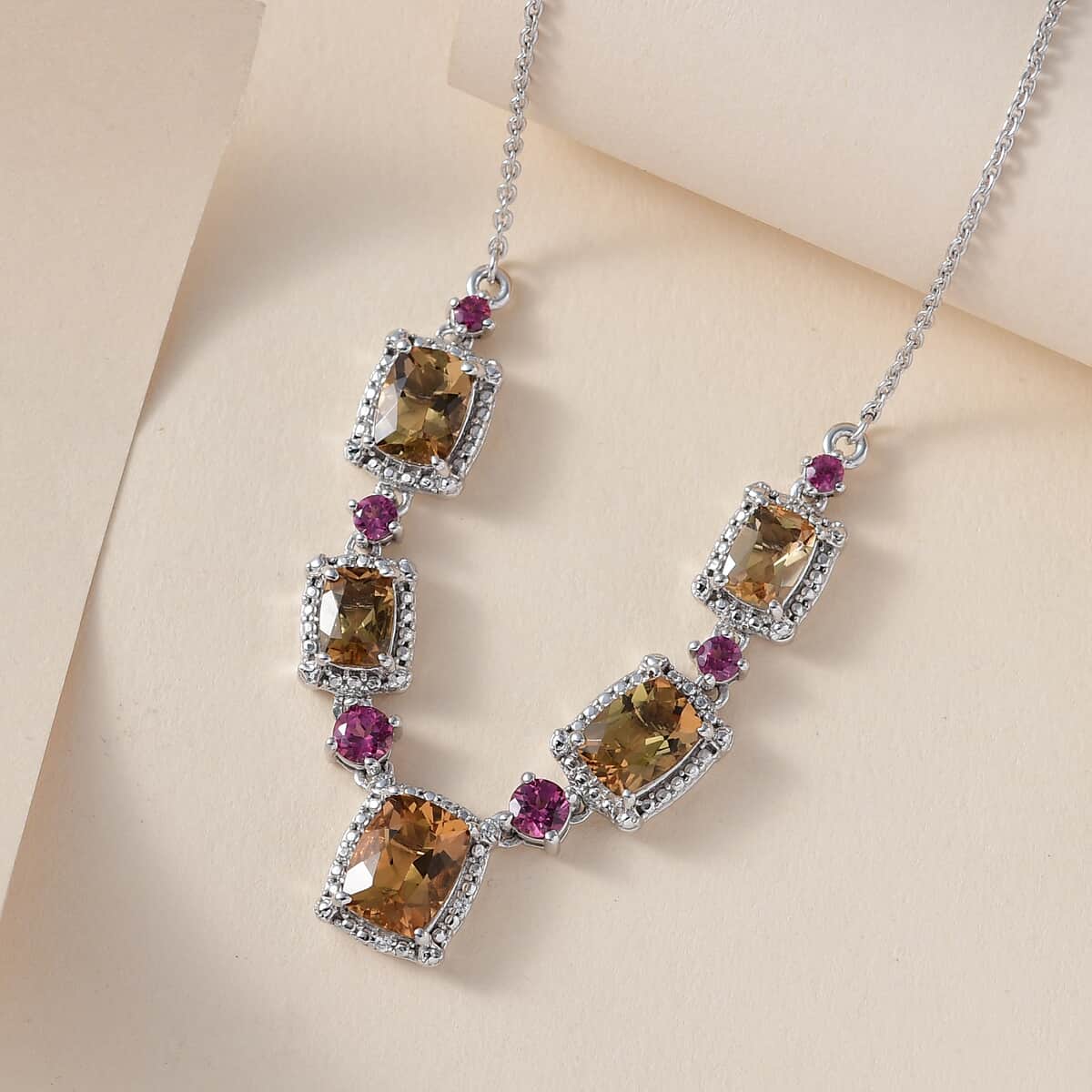 Golden Scapolite and Multi Gemstone Necklace 18 Inches in Platinum Over Sterling Silver 7.25 ctw image number 1