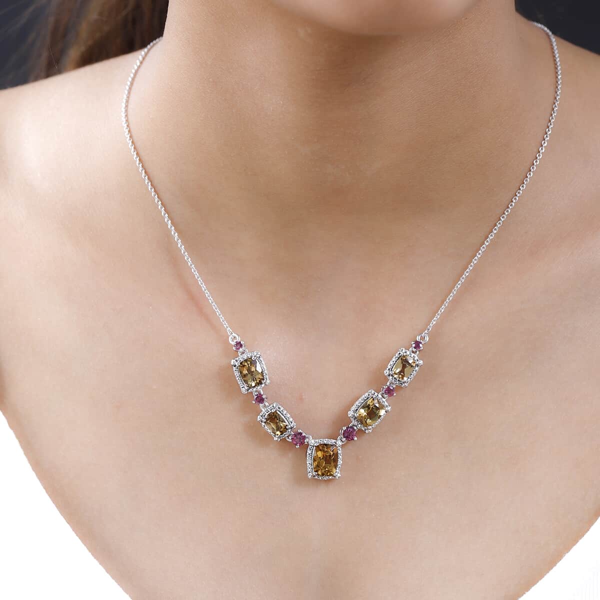 Golden Scapolite and Multi Gemstone Necklace 18 Inches in Platinum Over Sterling Silver 7.25 ctw image number 2