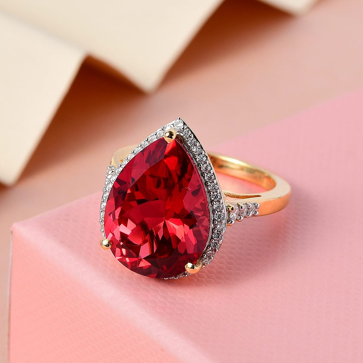 Lab Created Padparadscha Sapphire and Moissanite Halo Ring in Vermeil Yellow Gold Over Sterling Silver (Size 6.0) 12.35 ctw image number 1