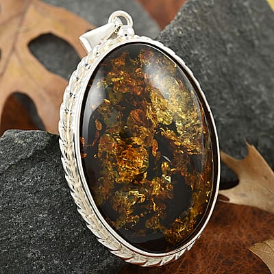 Baltic Amber Oval Framed Pendant in Sterling Silver