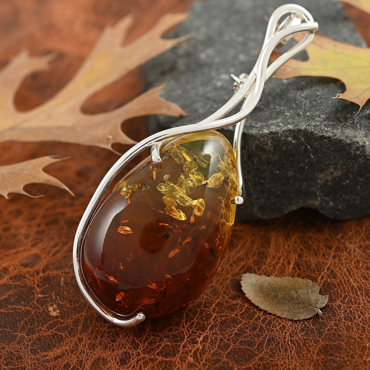 Baltic Amber Convertible Pendant to Brooch in Sterling Silver