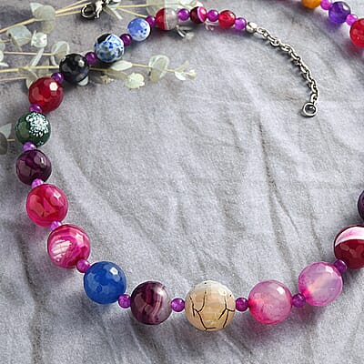 Quartzite, Multi Agate Necklace (20 Inches) in Stainless Steel 302.00 ctw , Tarnish-Free, Waterproof, Sweat Proof Jewelry