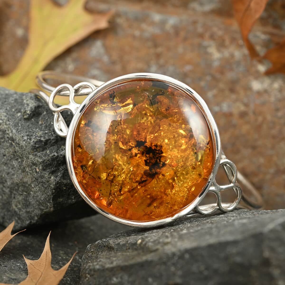 Baltic Amber Cuff Bracelet in Sterling Silver (Adjustable) image number 1