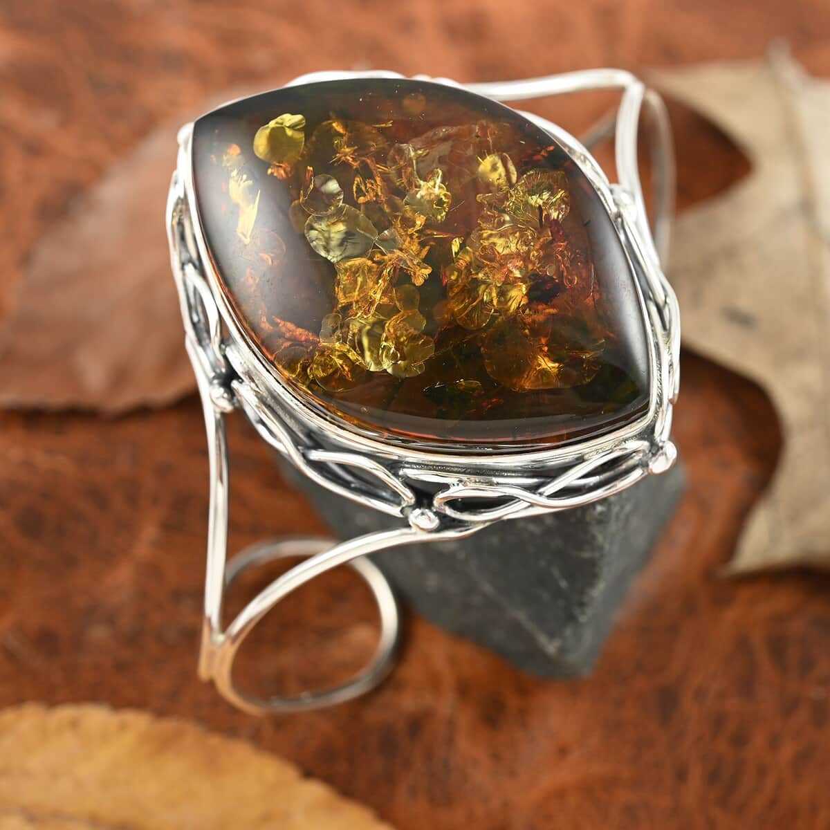 Baltic Amber Cuff Bracelet in Sterling Silver (Adjustable) image number 1