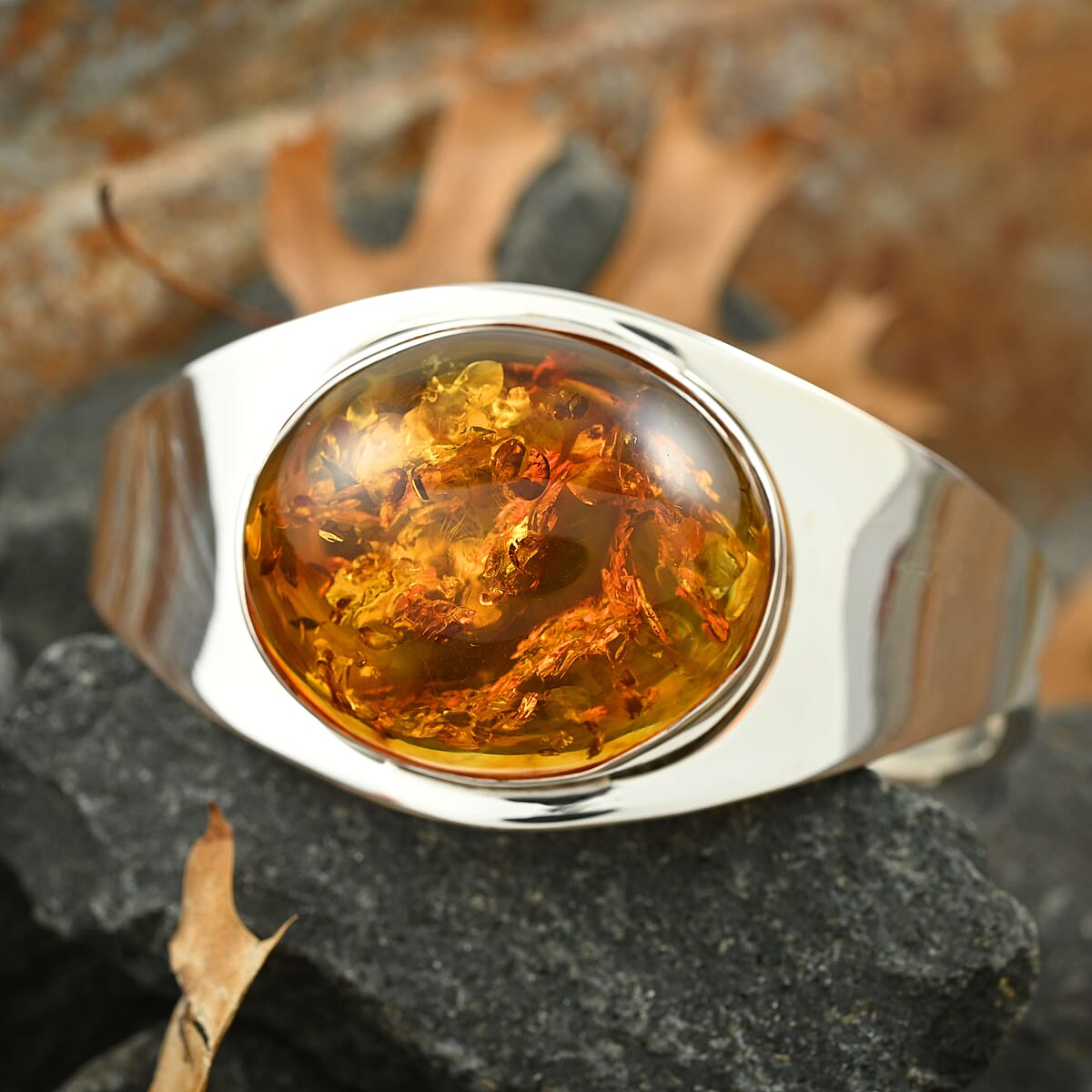 Baltic Amber Cuff Bracelet in Sterling Silver (Adjustable) image number 1