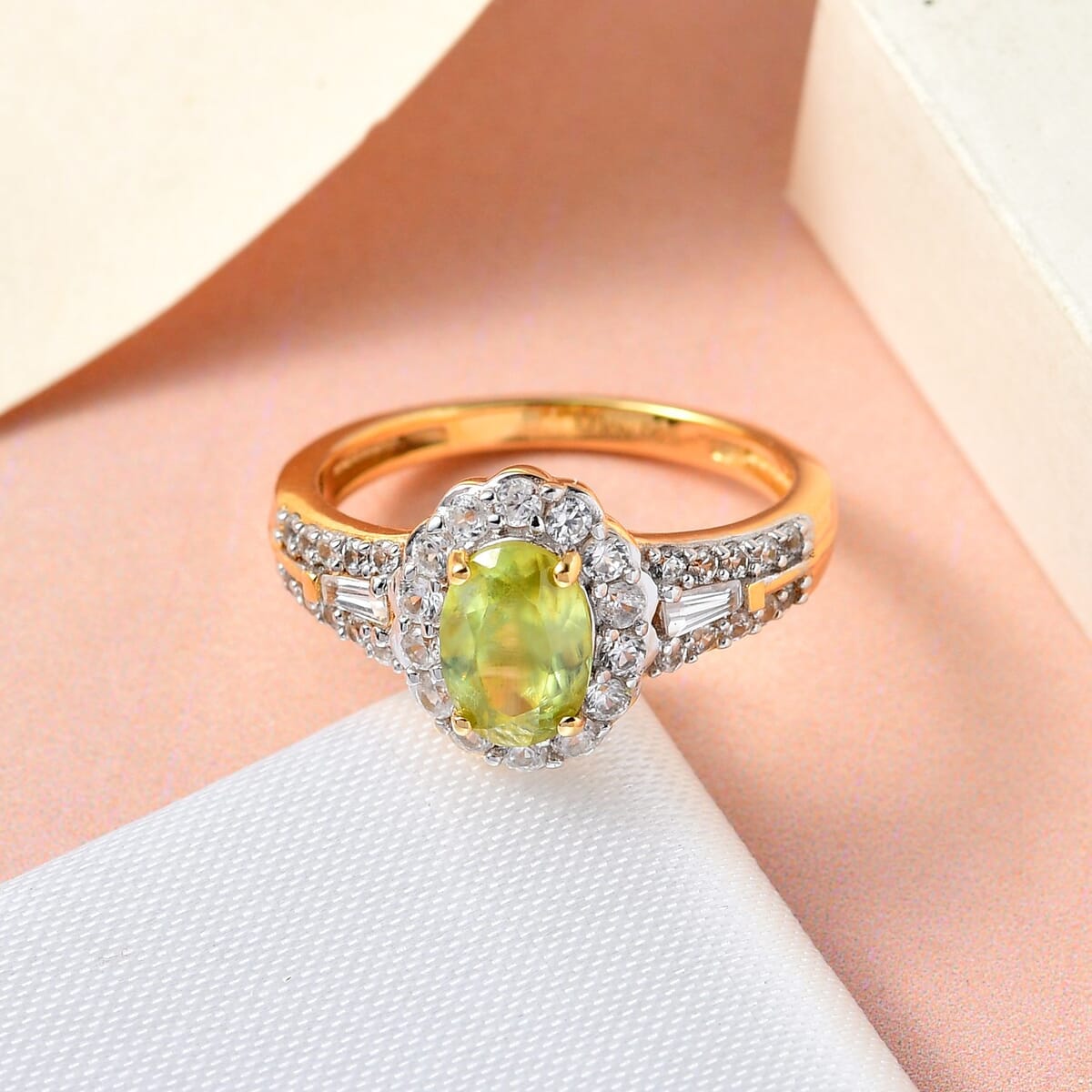AAA Sava Sphene and Natural White Zircon Halo Ring in Vermeil Yellow Gold Over Sterling Silver 1.65 ctw image number 1