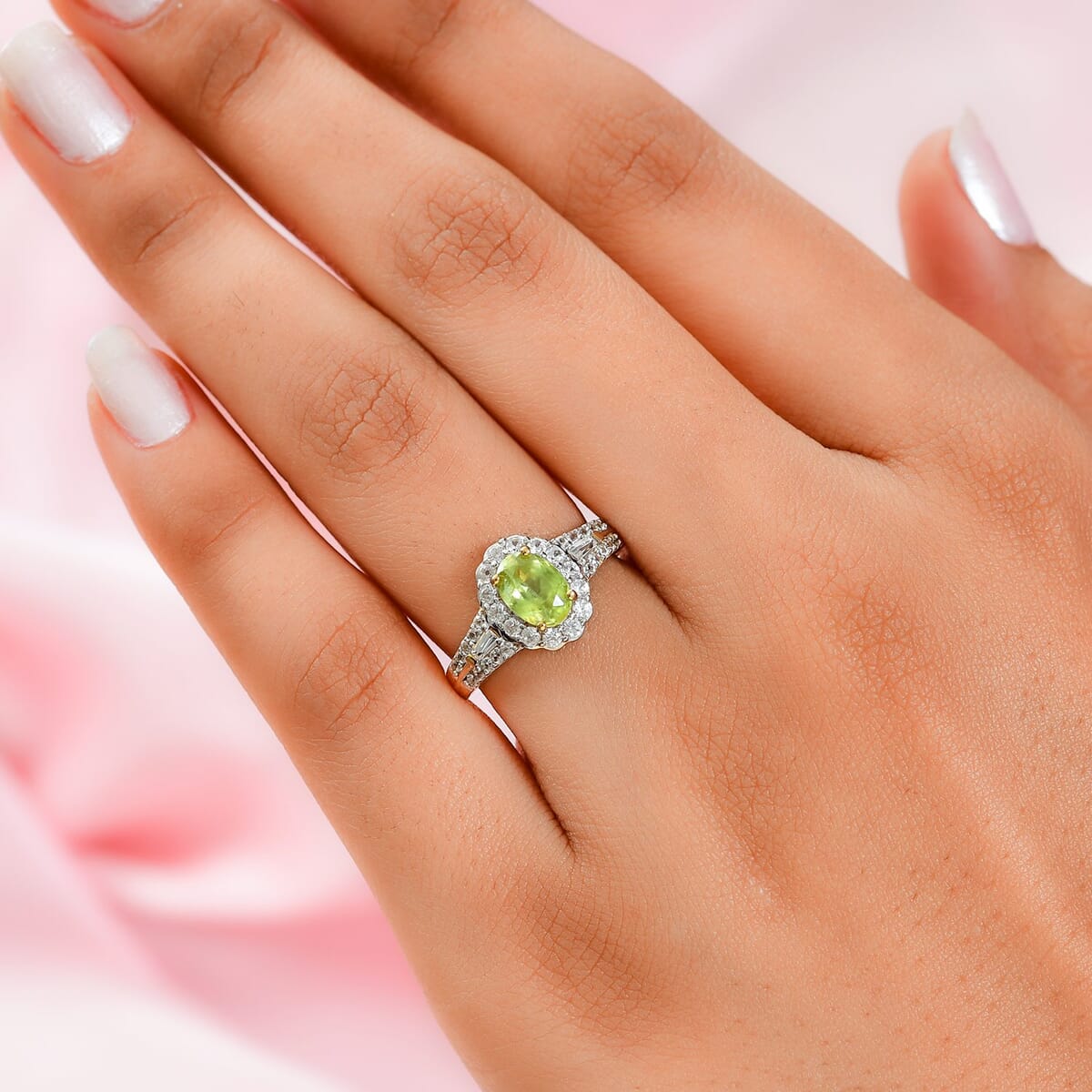 AAA Sava Sphene and Natural White Zircon Halo Ring in Vermeil Yellow Gold Over Sterling Silver 1.65 ctw image number 2