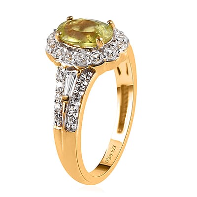 AAA Sava Sphene and Natural White Zircon Halo Ring in Vermeil Yellow Gold Over Sterling Silver (Size 10.0) 1.65 ctw