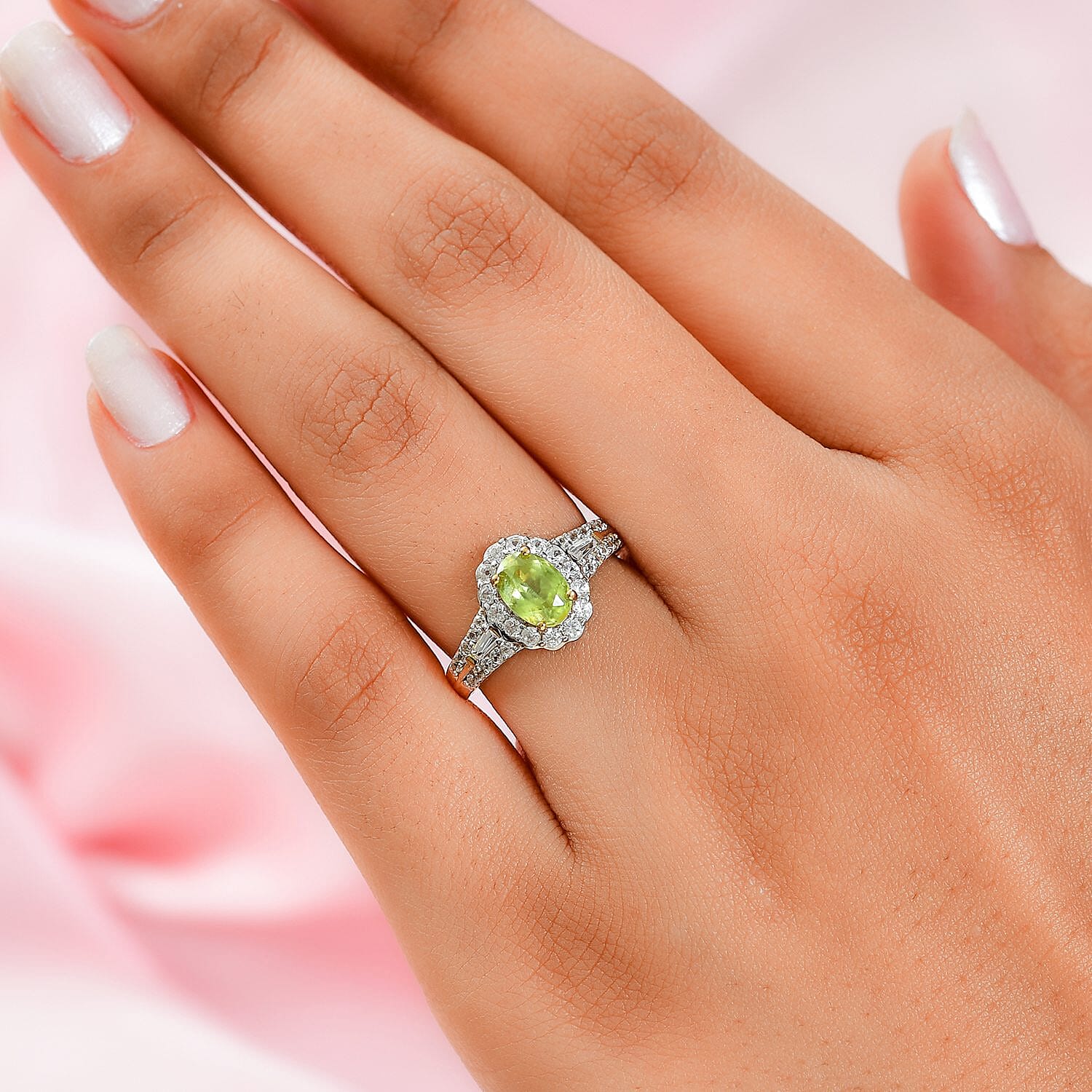 AAA Sava Sphene and Natural White Zircon Halo Ring in Vermeil Yellow Gold Over Sterling Silver (Size 5.0) 1.65 ctw