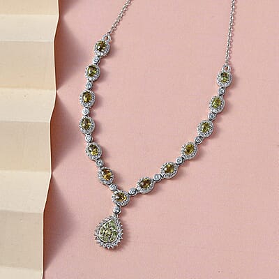 Ambanja Demantoid Garnet and White Zircon 5.75 ctw Necklace 18 Inches in Platinum Over Sterling Silver