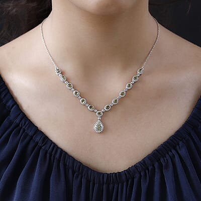 Ambanja Demantoid Garnet and White Zircon 5.75 ctw Necklace 18 Inches in Platinum Over Sterling Silver