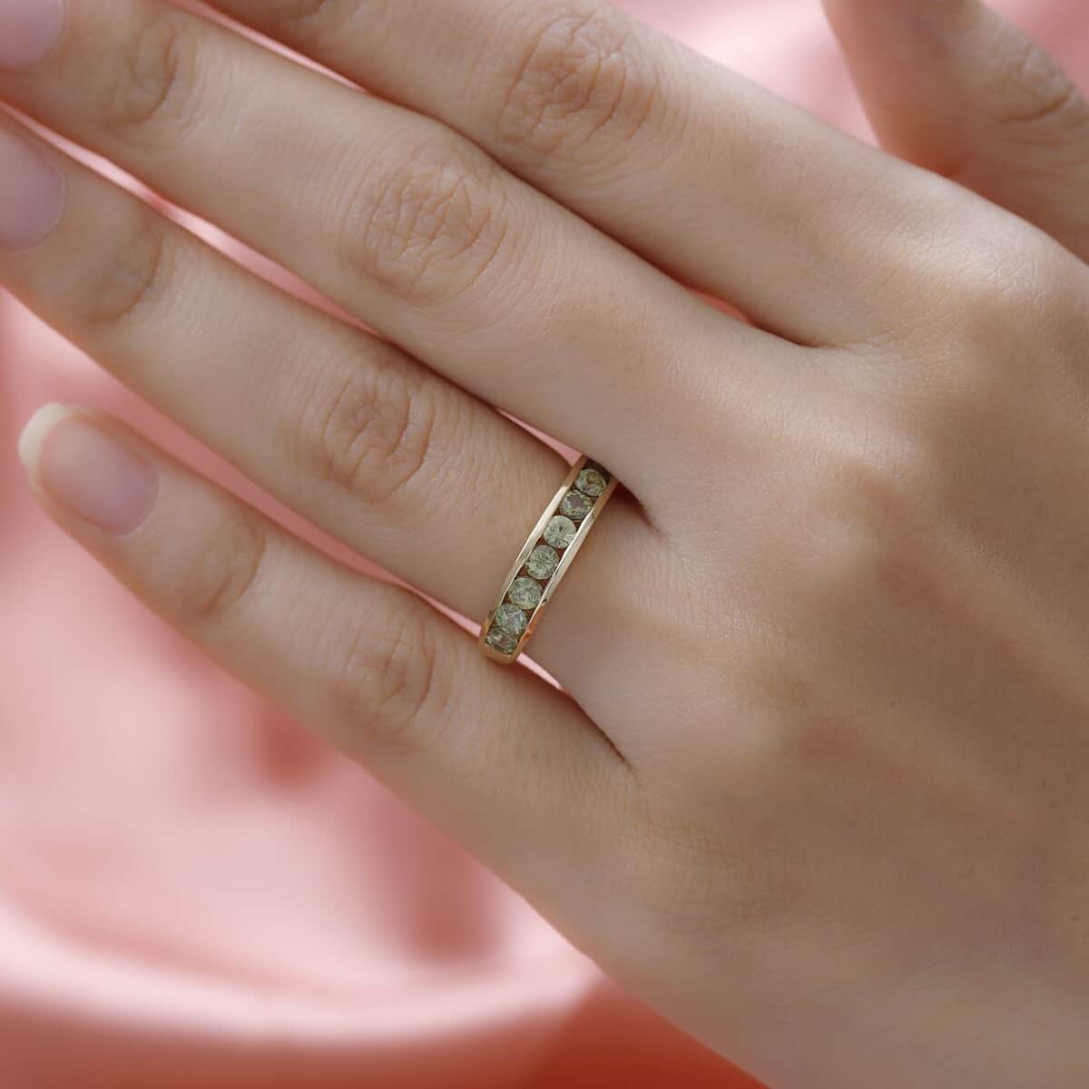 Luxoro 10K Yellow Gold Premium Ambanja Demantoid Garnet Half Eternity Band Ring (Size 5.0) 1.15 ctw image number 2