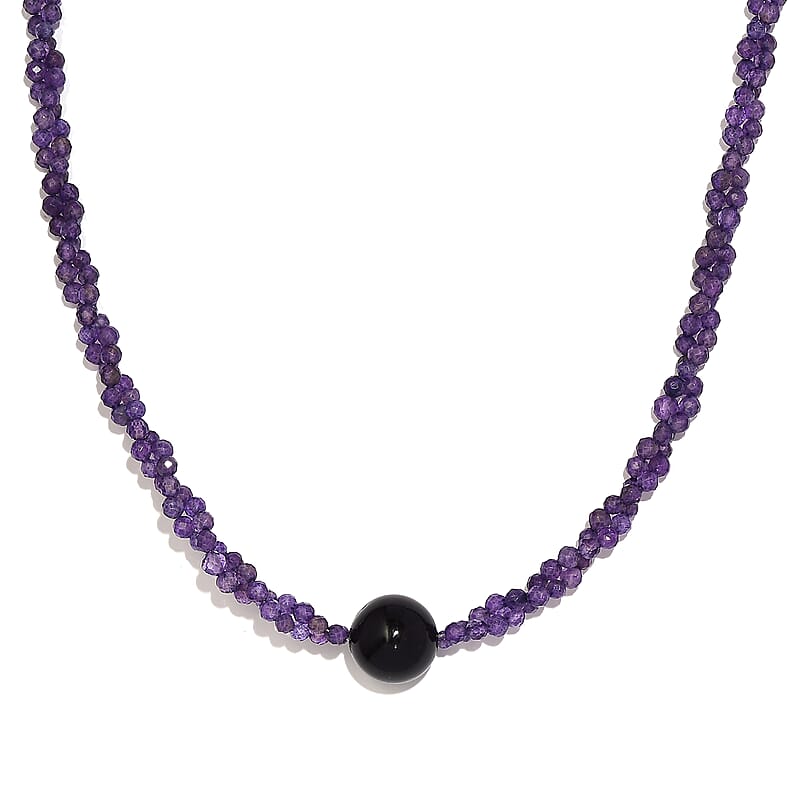 Blue Agate and Amethyst Beaded Necklace 20 Inches in Platinum Over Sterling Silver 53.20 ctw