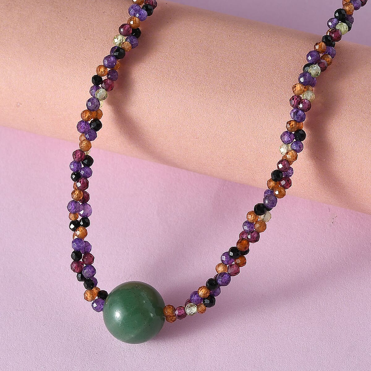 Green Aventurine, African Amethyst, Hessonite Garnet Beaded Necklace 20 Inches in Platinum Over Sterling Silver 59.10 ctw image number 1
