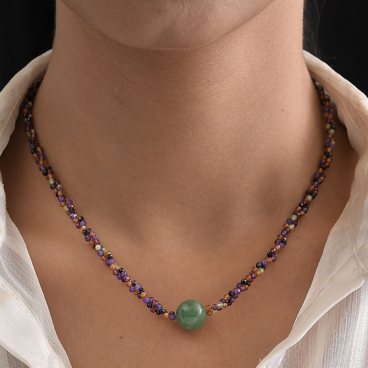 Green Aventurine, African Amethyst, Hessonite Garnet Beaded Necklace 20 Inches in Platinum Over Sterling Silver 59.10 ctw image number 2